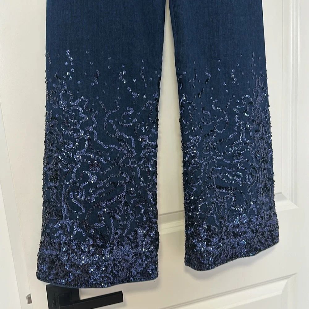 Colette Cropped High-Rise Wide-Leg Jeans by Maeve Sequin Edition size 25 P - Picture 7 of 9